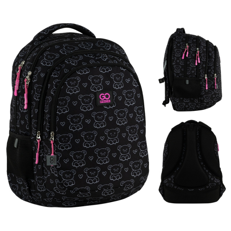 GoPack Black Teens School Backpack with 3 Compartments & Chest Strap