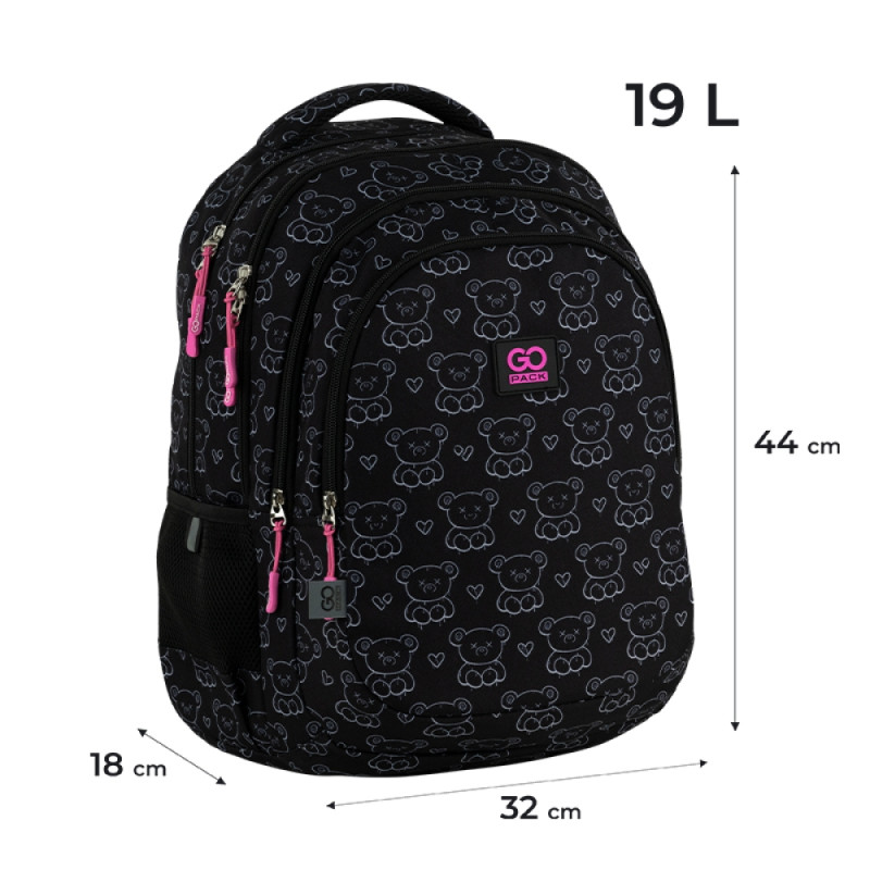 GoPack Black Teens School Backpack with 3 Compartments & Chest Strap