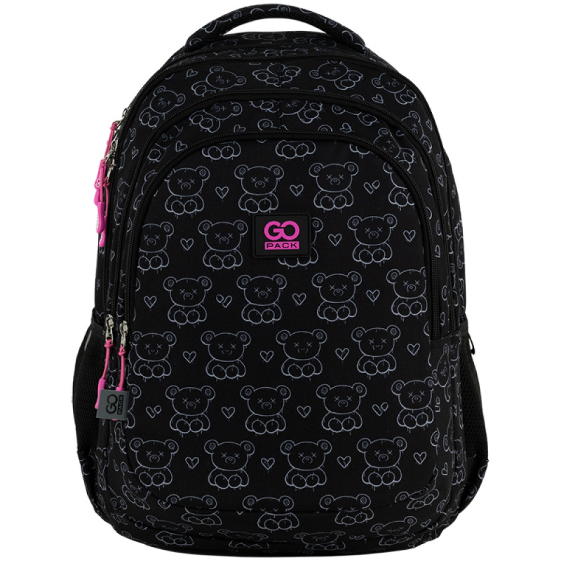GoPack Black Teens School Backpack with 3 Compartments & Chest Strap