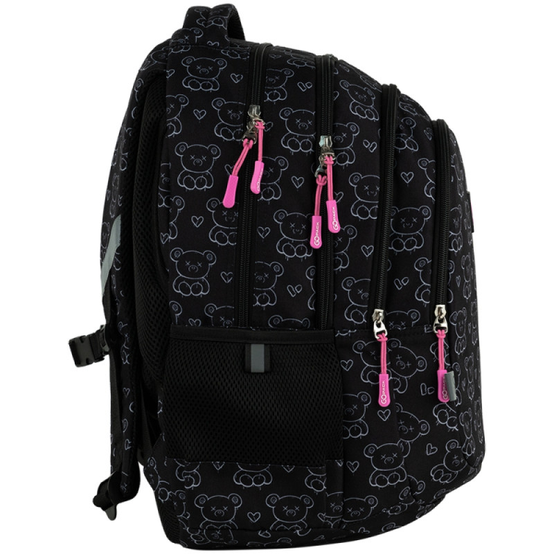 GoPack Black Teens School Backpack with 3 Compartments & Chest Strap