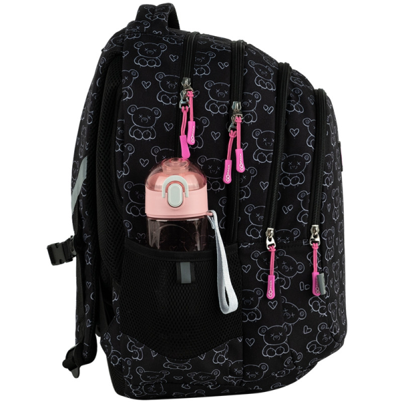GoPack Black Teens School Backpack with 3 Compartments & Chest Strap