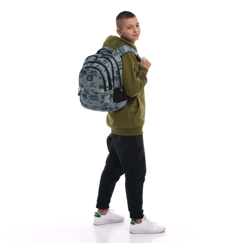 GoPack Gray School Backpack with Chest Strap & 3 Sections