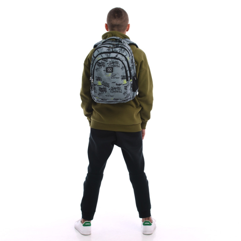 GoPack Gray School Backpack with Chest Strap & 3 Sections