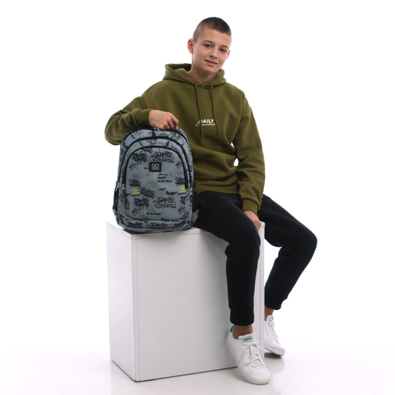 GoPack Gray School Backpack with Chest Strap & 3 Sections