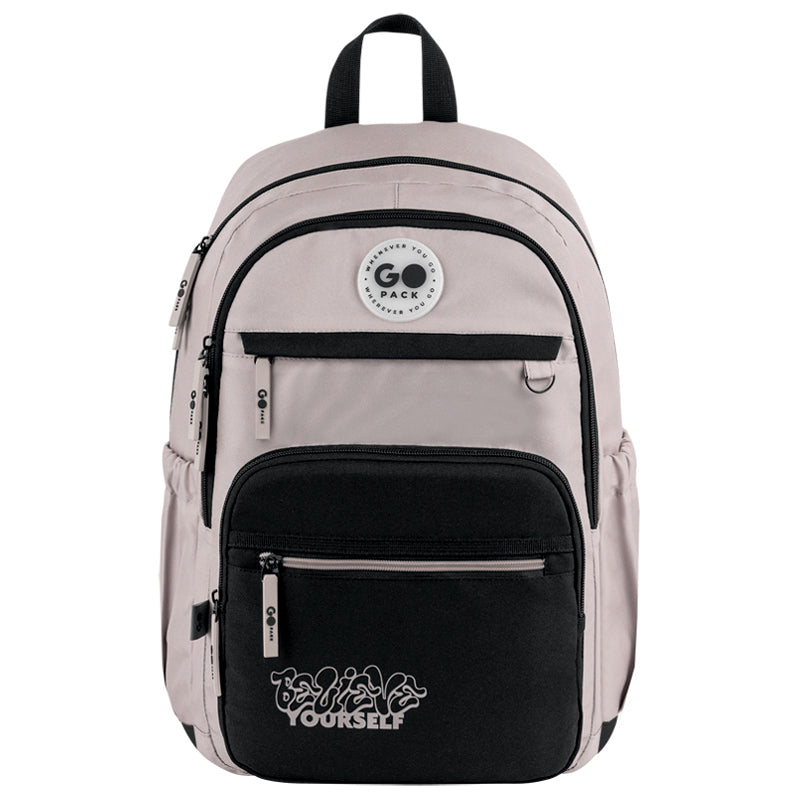 GoPack Beige Teen Backpack – Laptop, 3 Front Pockets, for Heights 145-175 cm