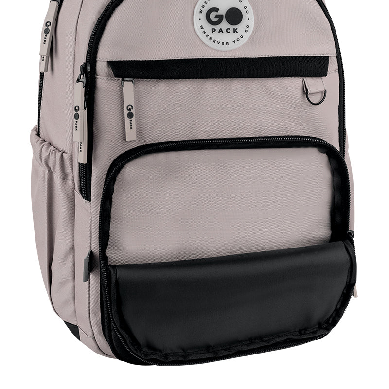 GoPack Beige Teen Backpack – Laptop, 3 Front Pockets, for Heights 145-175 cm