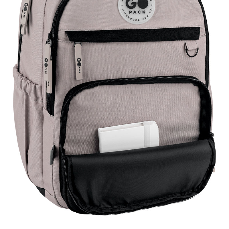 GoPack Beige Teen Backpack – Laptop, 3 Front Pockets, for Heights 145-175 cm