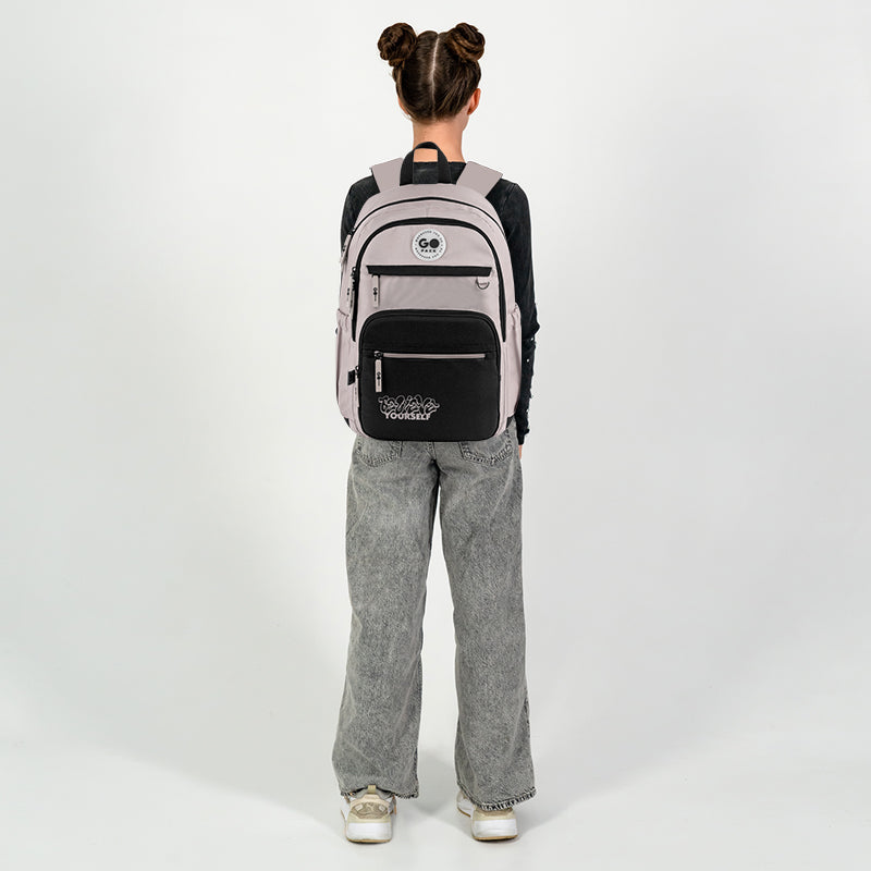 GoPack Beige Teen Backpack – Laptop, 3 Front Pockets, for Heights 145-175 cm