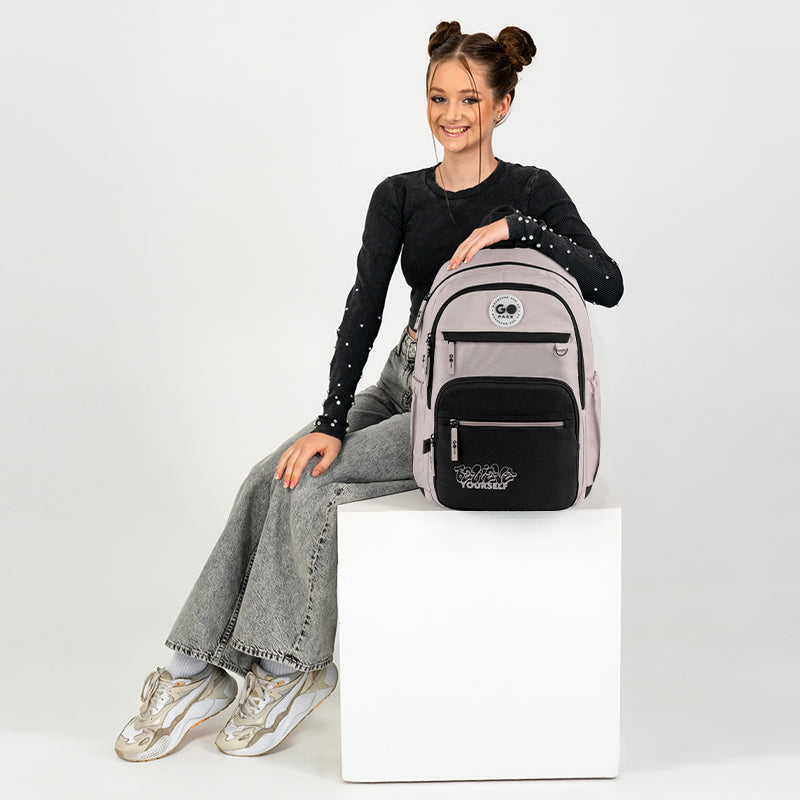 GoPack Beige Teen Backpack – Laptop, 3 Front Pockets, for Heights 145-175 cm