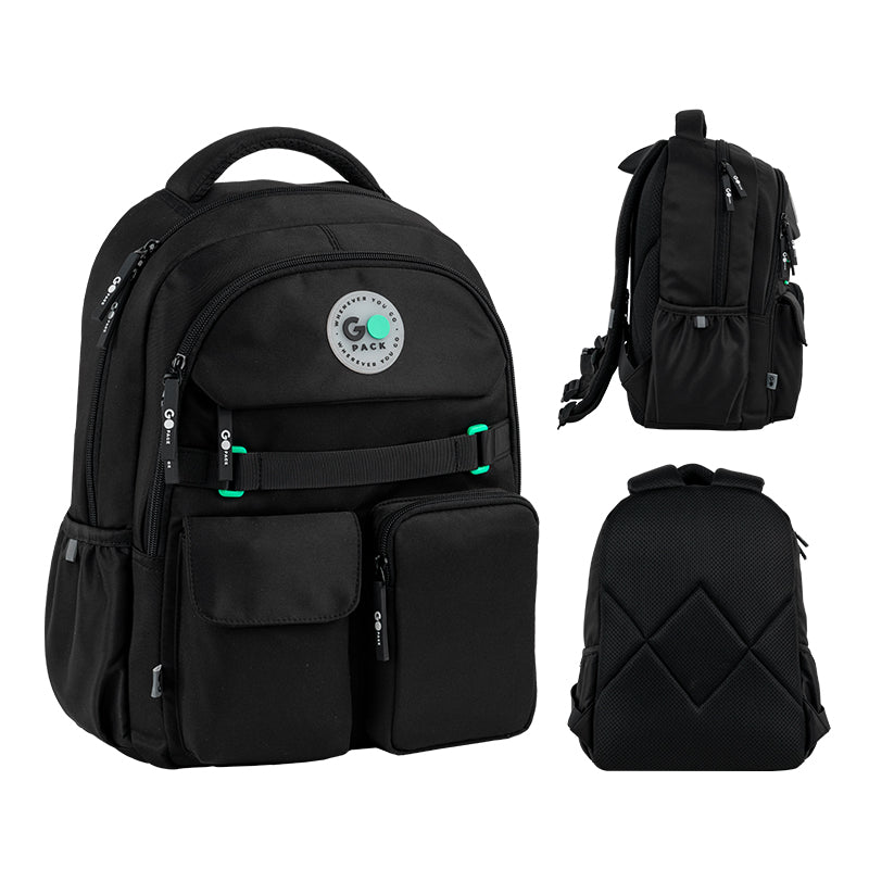 GoPack Black School Backpack for Grades 1-4, Padded Back with Mesh