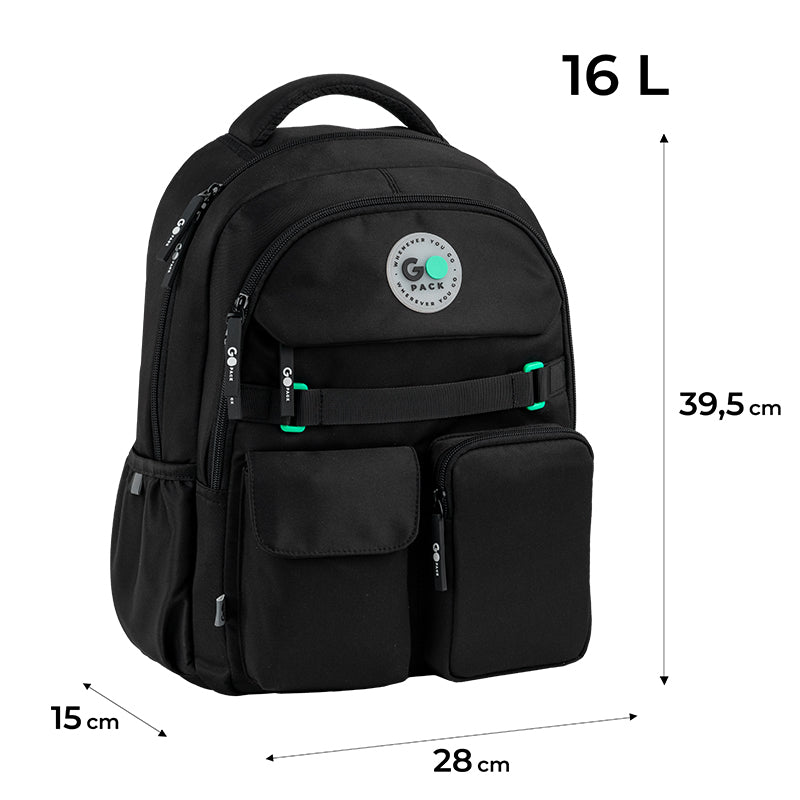 GoPack Black School Backpack for Grades 1-4, Padded Back with Mesh