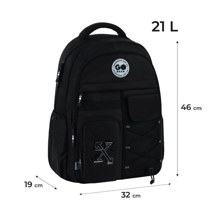 GoPack Black 21L Teen Backpack – Chest Strap, Laptop, for Heights 145-175 cm