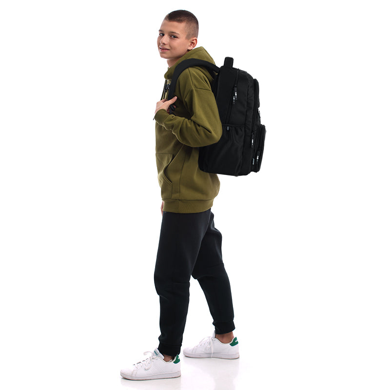 GoPack Black 21L Teen Backpack – Chest Strap, Laptop, for Heights 145-175 cm