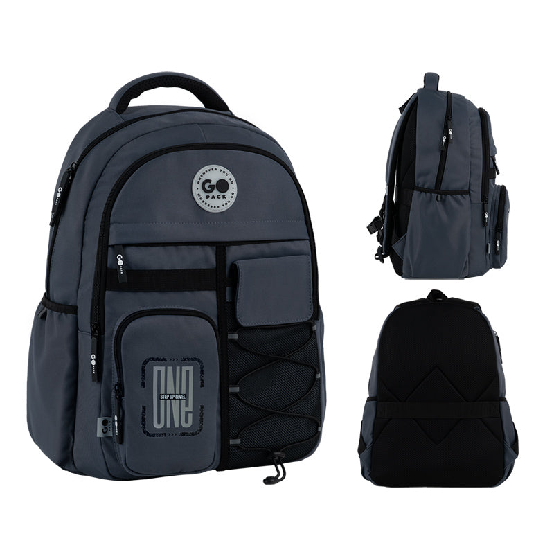 GoPack Dark Gray Teen Backpack – Chest Strap, Laptop, for Heights 145-175 cm