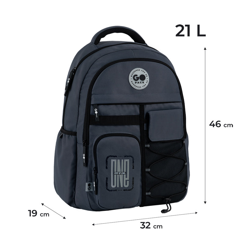 GoPack Dark Gray Teen Backpack – Chest Strap, Laptop, for Heights 145-175 cm