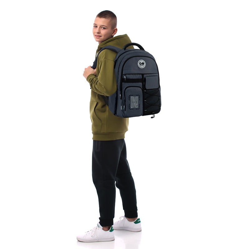 GoPack Dark Gray Teen Backpack – Chest Strap, Laptop, for Heights 145-175 cm
