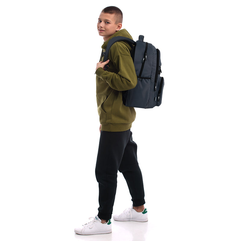GoPack Dark Gray Teen Backpack – Chest Strap, Laptop, for Heights 145-175 cm