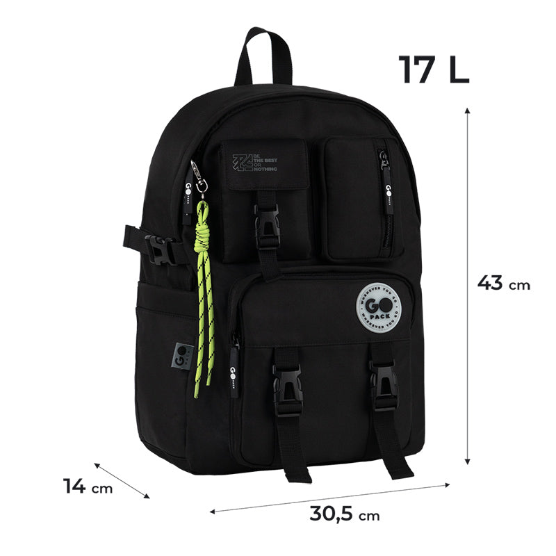 GoPack Black 17L Backpack – Laptop, Chest Strap, for Heights 145-175 cm