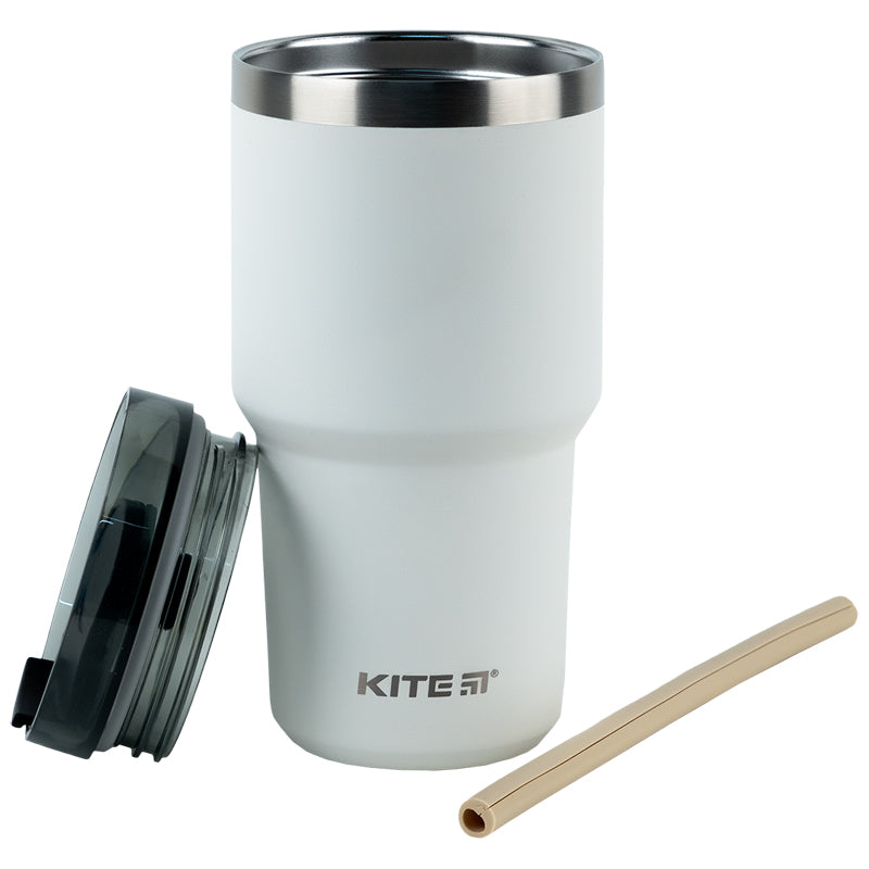 White 600ml Thermo Mug with Straw – Keeps Drinks Hot or Cold