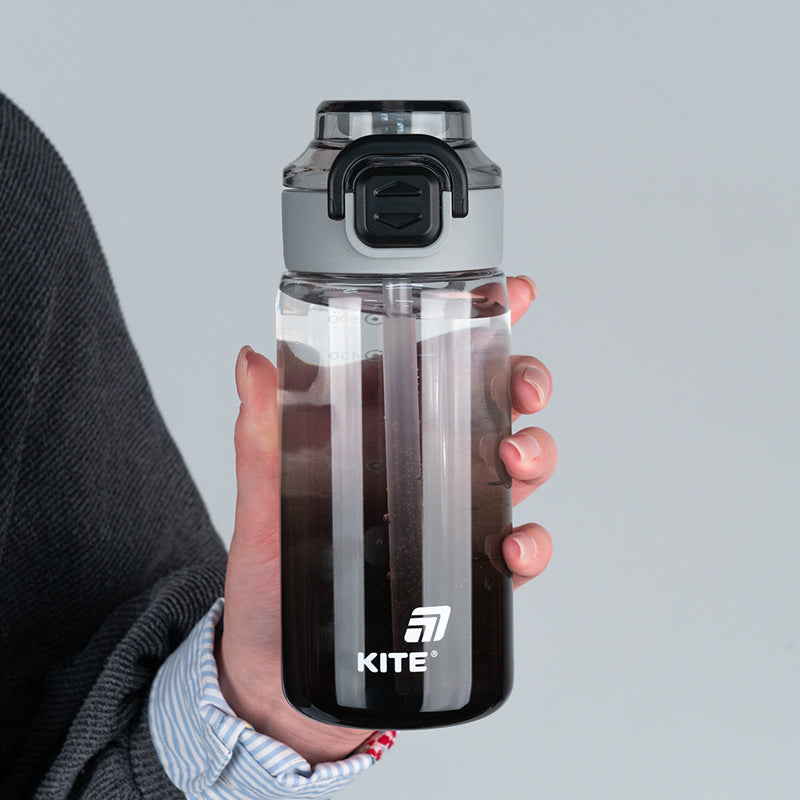 Black Water Bottle 600ml with Spout & Straw – Kite