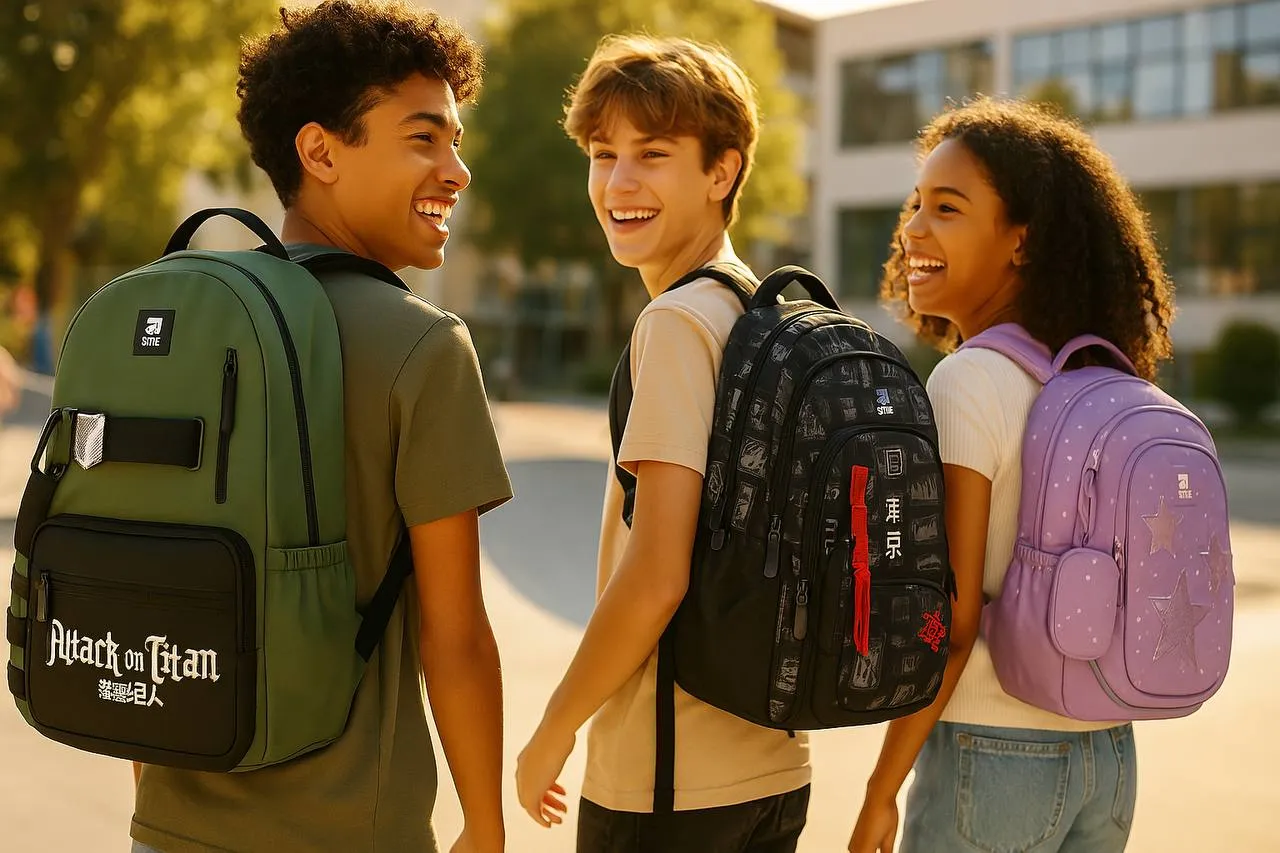 High school teens wearing backpacks outdoors and smiling together