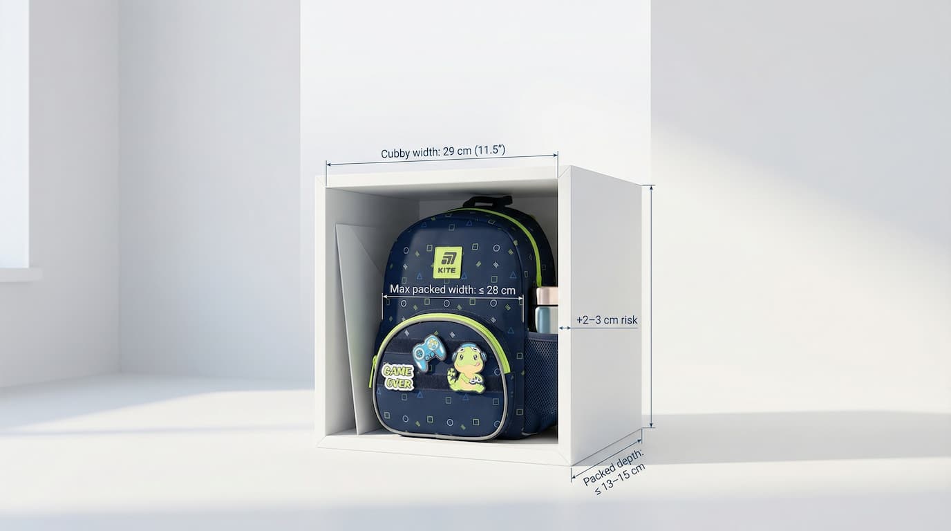 Cubby-friendly backpack profile for Grade 1–2 in Canada (≈ 29 cm / 11.5" cubby width, ≤ 28 cm packed width, ≤ 13–15 cm depth)
