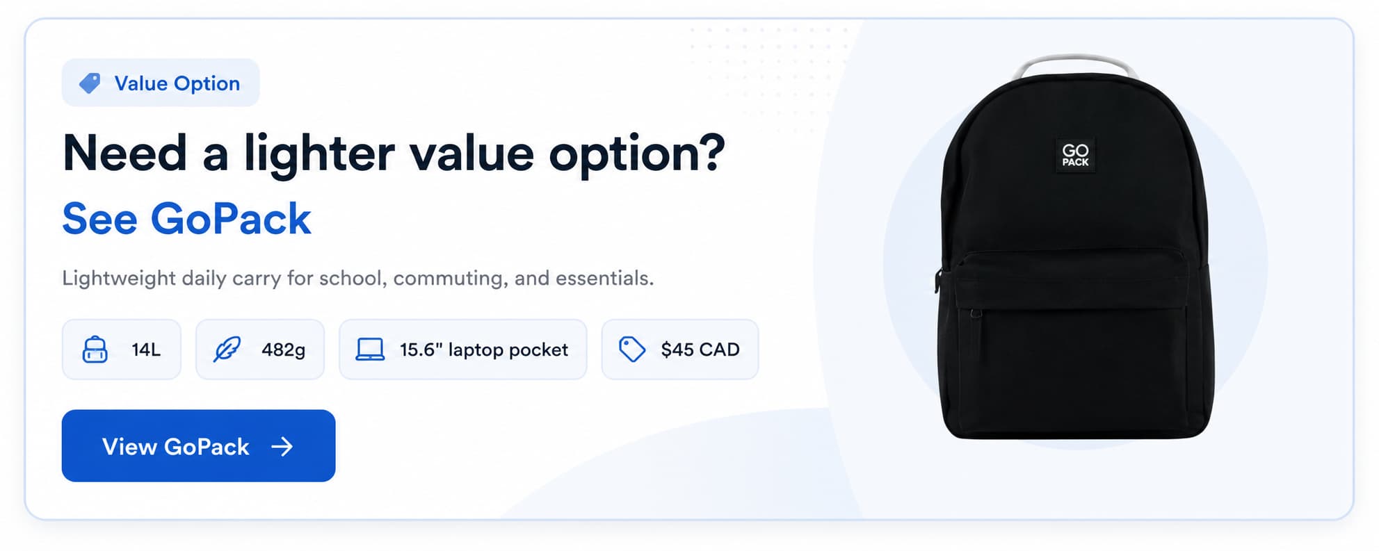 GoPack black value backpack option with 14 litre capacity, 482 gram weight, 15.6 inch laptop pocket, and 45 CAD price