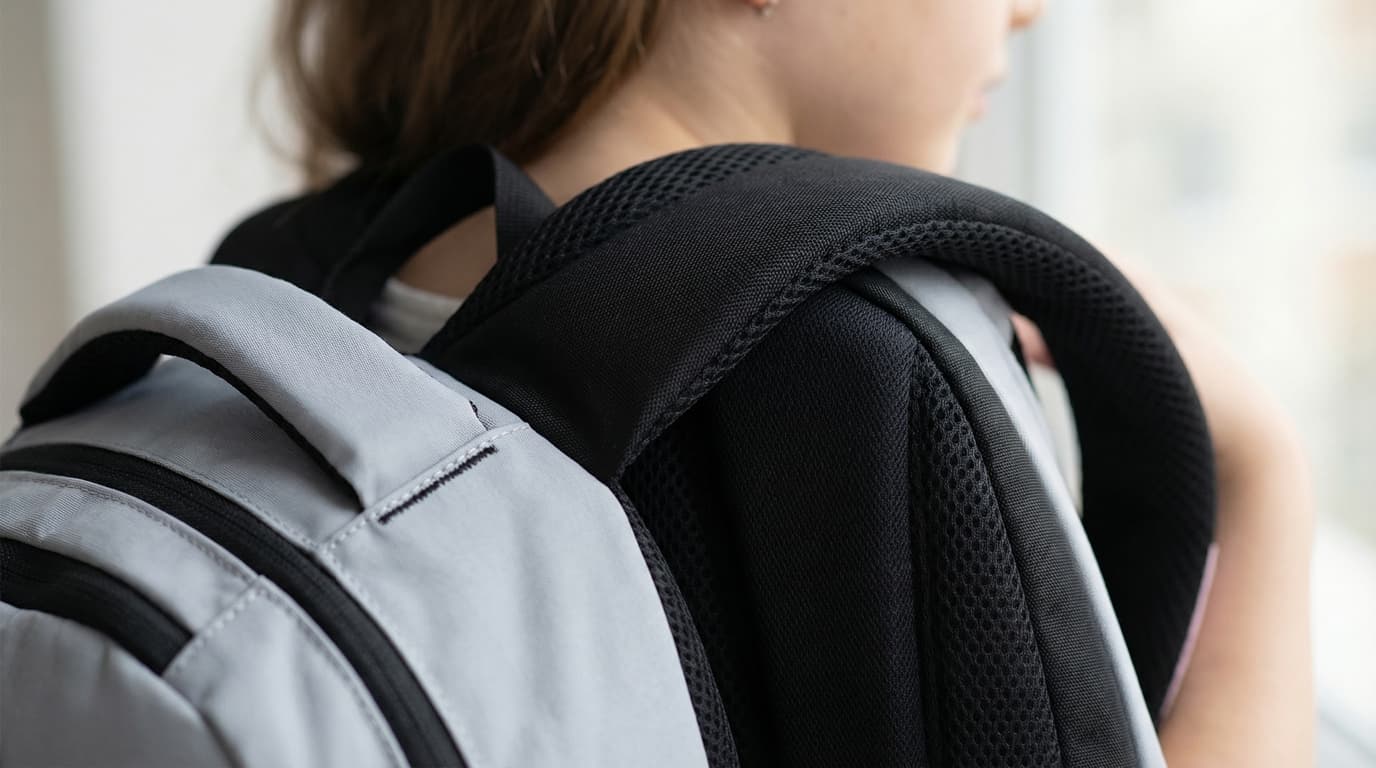 Close-up of ergonomic backpack with padded straps and structured back panel