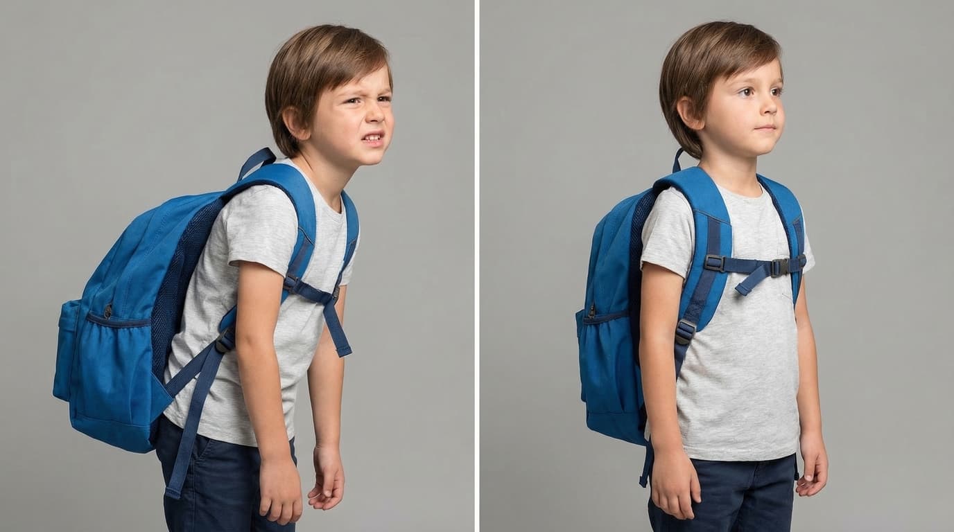 Comparison of child with heavy backpack posture problem versus correct backpack fit