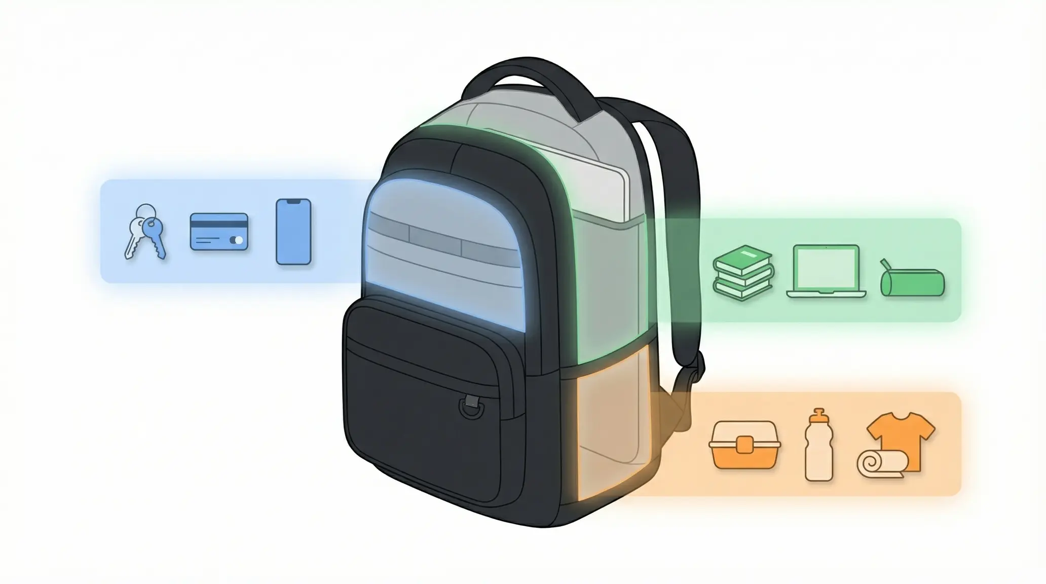 Diagram of a 3-zone backpack system for backpack organization for students with ADHD: Commute, Classroom, Life