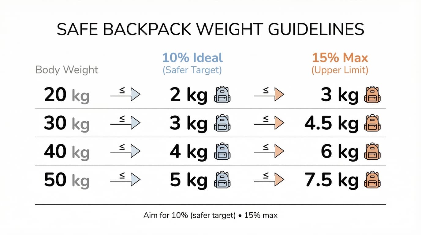 Backpack weight chart: 10–15% of a child’s body weight