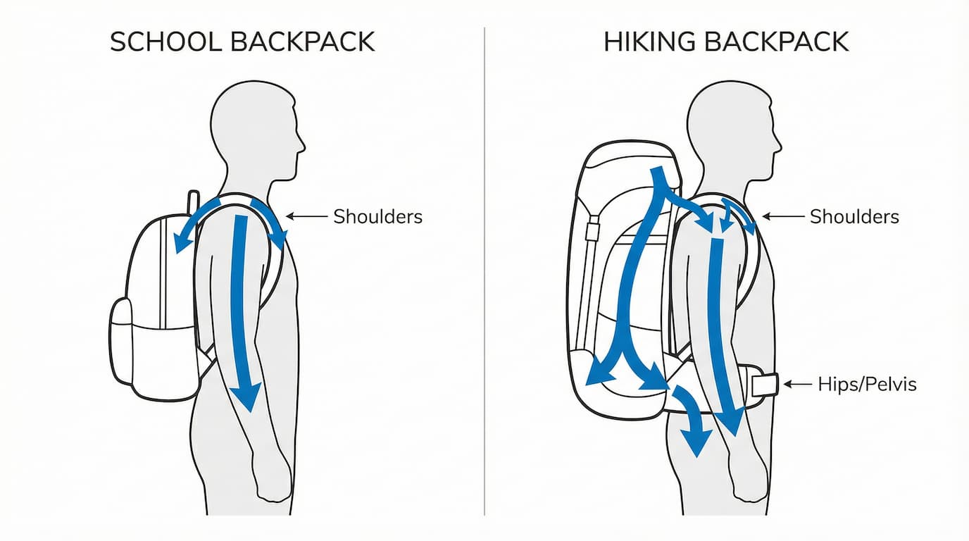 Diagram showing load path: shoulders only vs hips plus shoulders