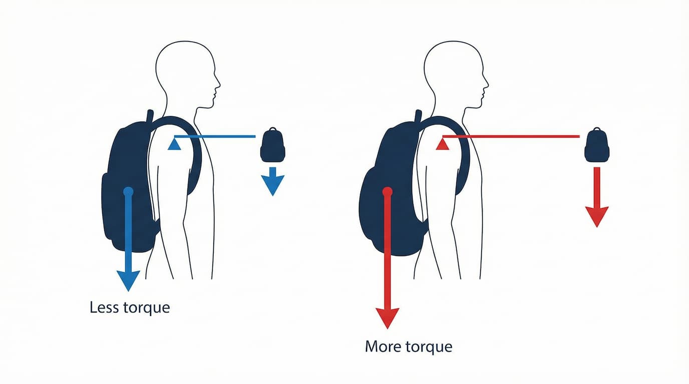 Diagram showing why weight close to the back reduces torque