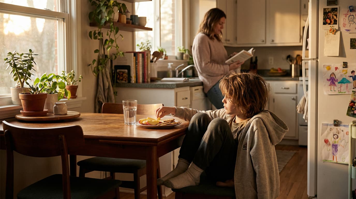 Child having a snack at home after school with parent nearby