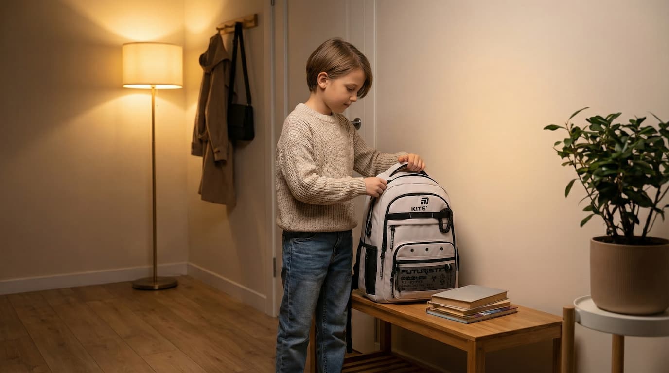 Child preparing backpack for school the next day in the evening