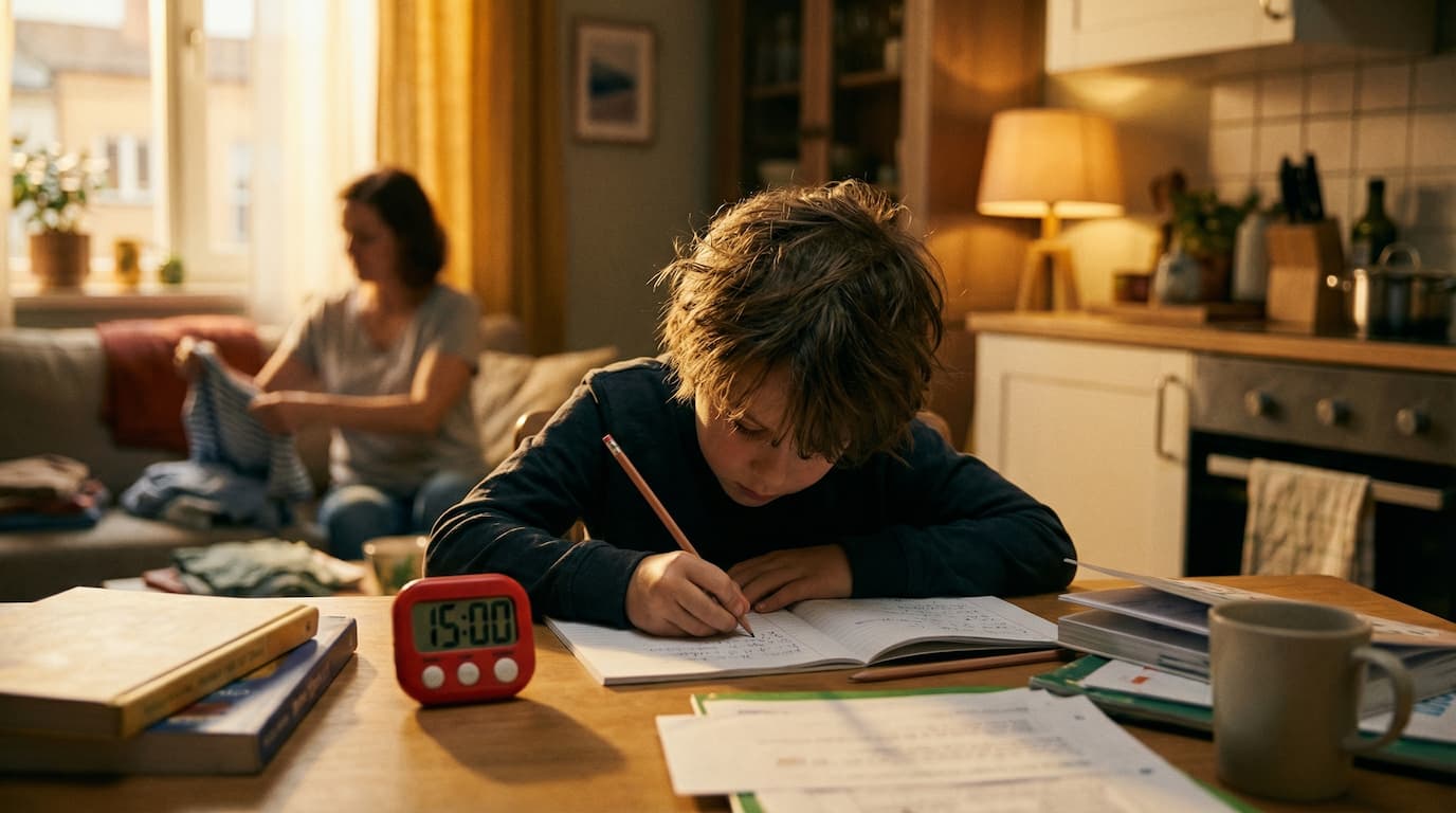 Child doing homework with timer at kitchen table