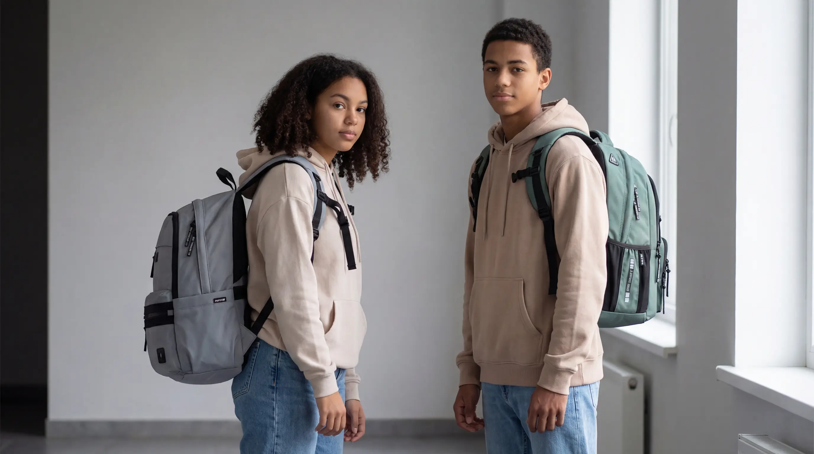 High school teens wearing ergonomic backpacks outdoors