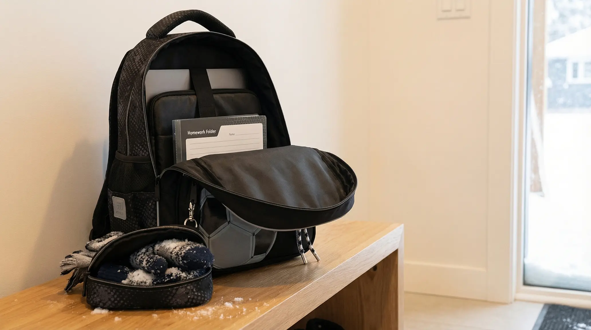 Canadian winter backpack organization: wet mitts separated from school papers and laptop