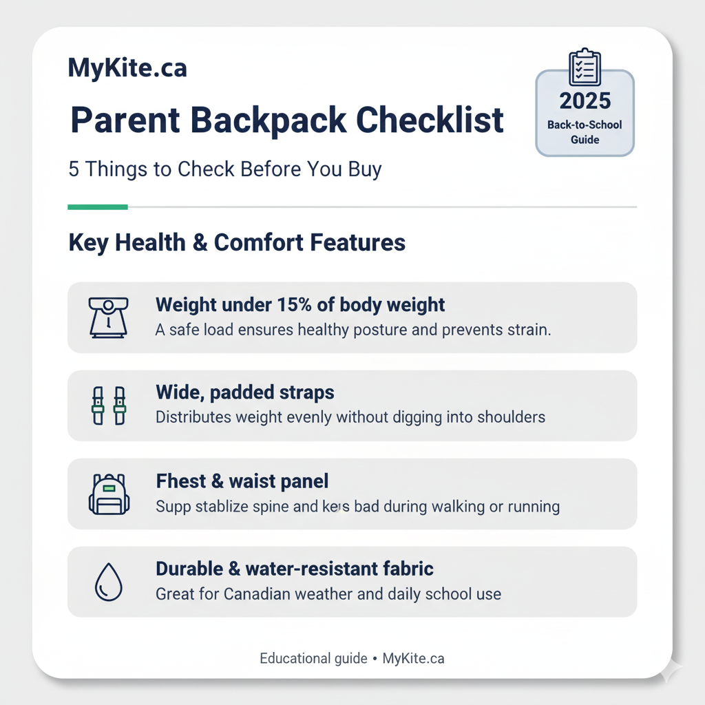Parent Backpack Checklist: weight under 15 percent, wide padded straps, firm back panel, durable material