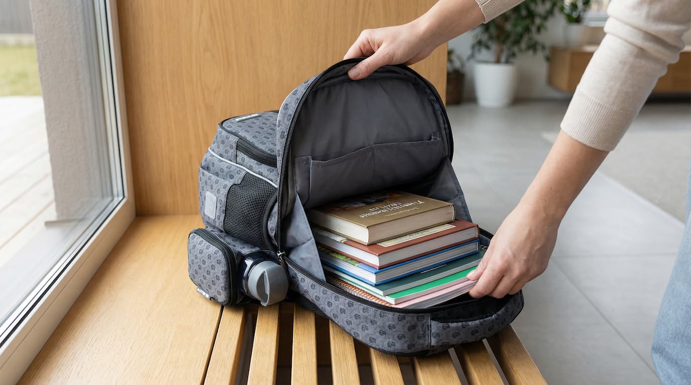 Backpack packed with heavy books close to the back panel