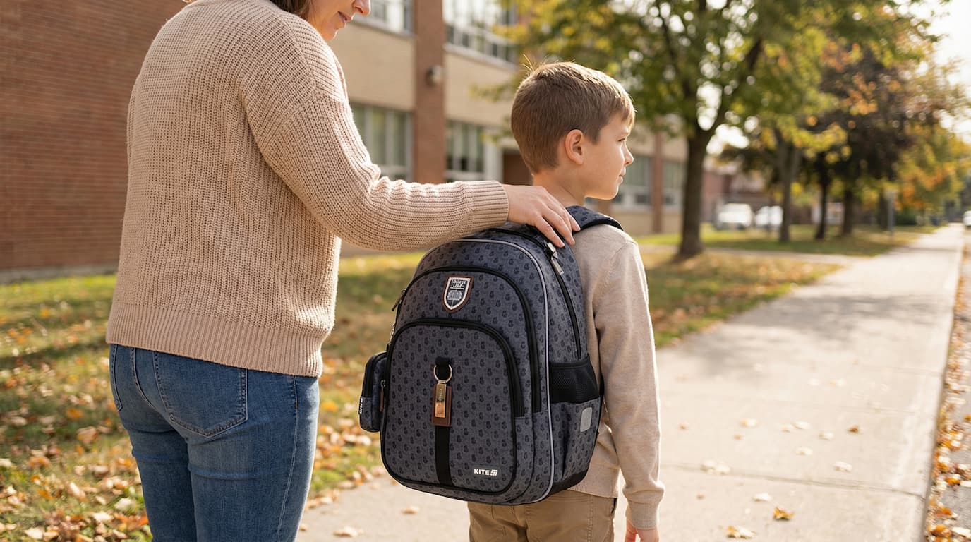 Parent checking child backpack posture and fit