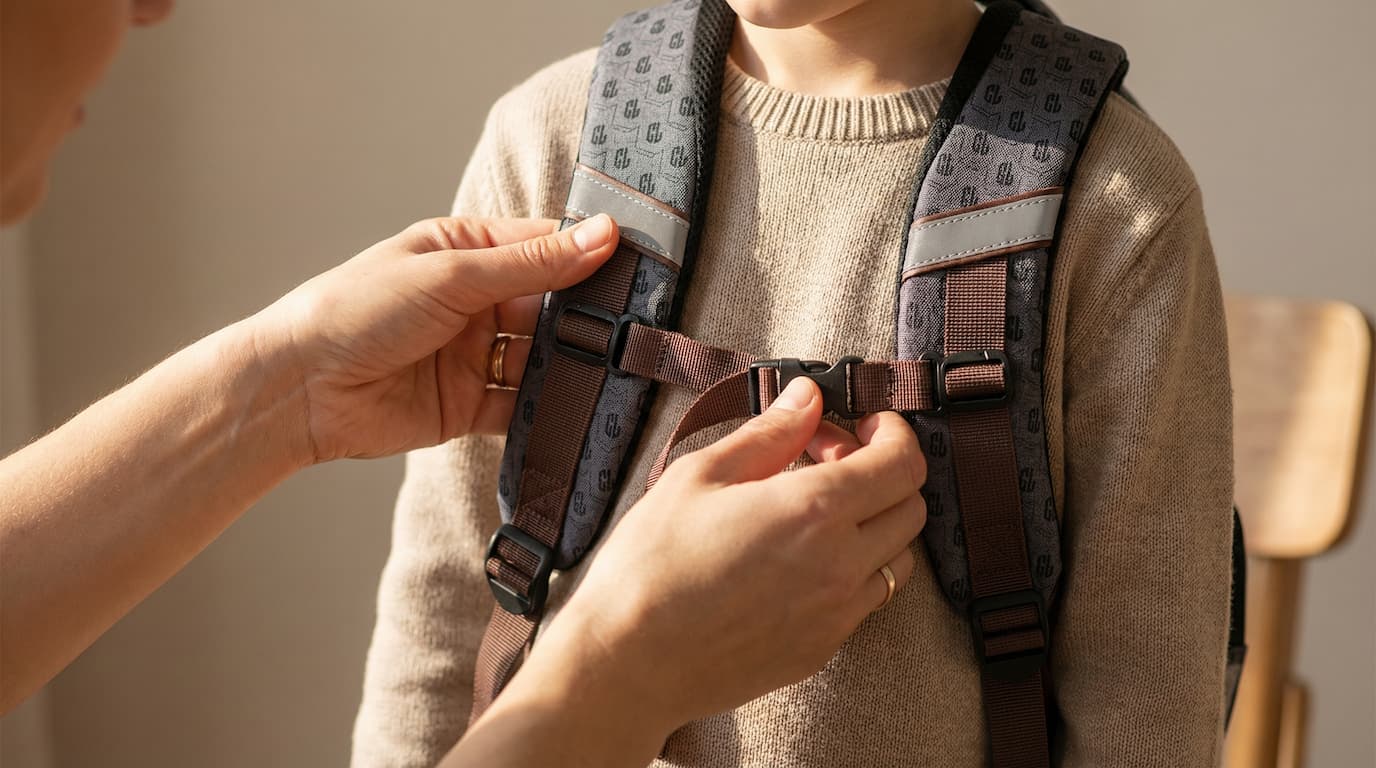 Close-up of backpack shoulder straps and chest strap adjusted correctly