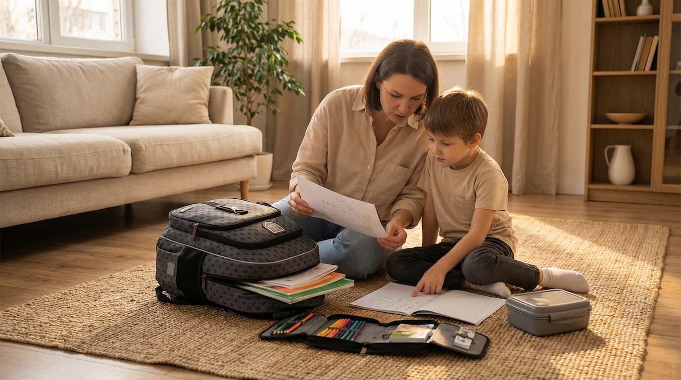 Parent and child doing a weekly backpack cleanout