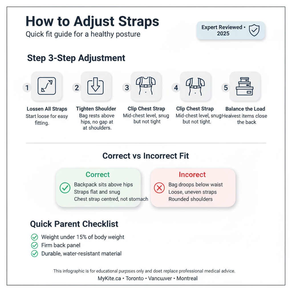 How to adjust backpack straps for kids — step-by-step infographic