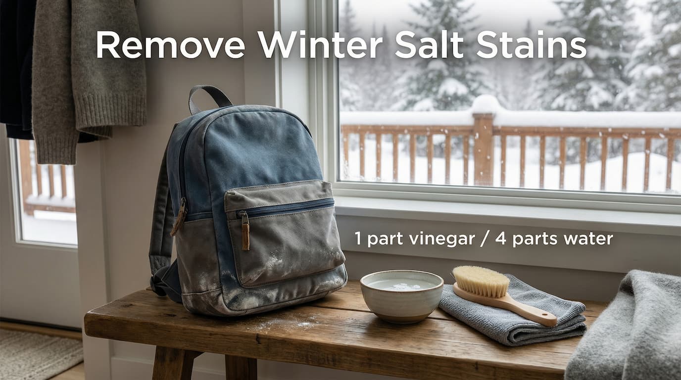 Removing winter road salt stains from a backpack using diluted vinegar and a soft brush