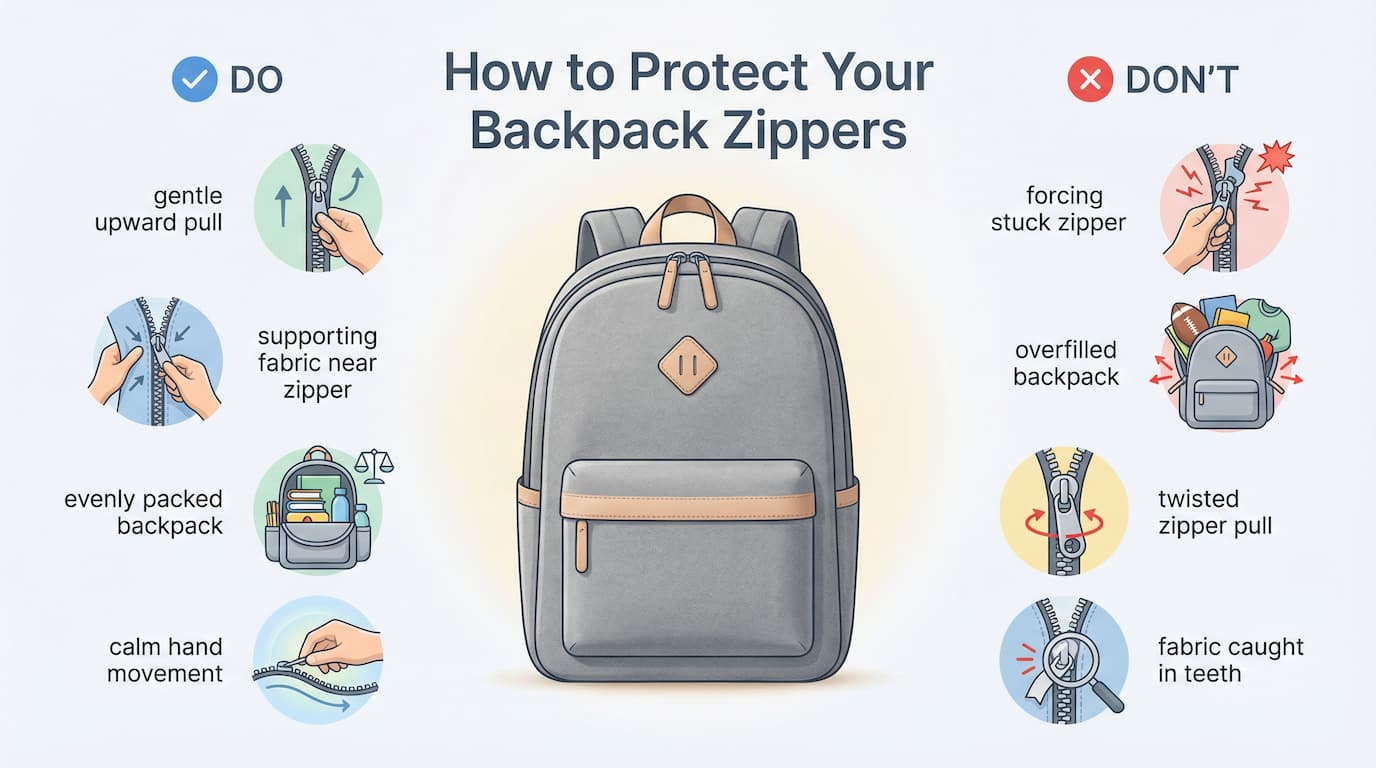 How to protect backpack zippers: do not force, avoid overfilling, support fabric while closing