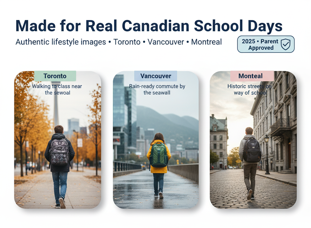Made for real Canadian school days — Toronto, Vancouver, Montreal lifestyle photos with kids carrying backpacks