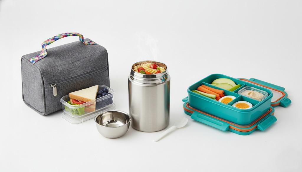 Comparison of soft insulated lunch bag, bento box, and thermal stainless steel jar for Canadian kids