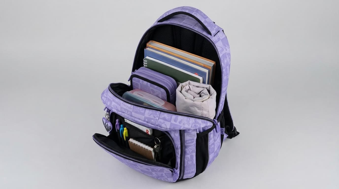 Proper school backpack packing with heavy books close to the back panel