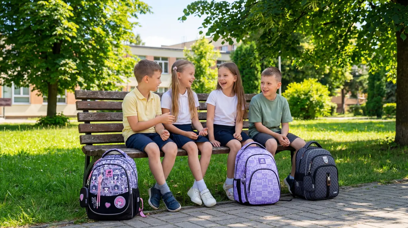 Teen girl writing her name Olivia on a purple school backpack outdoors